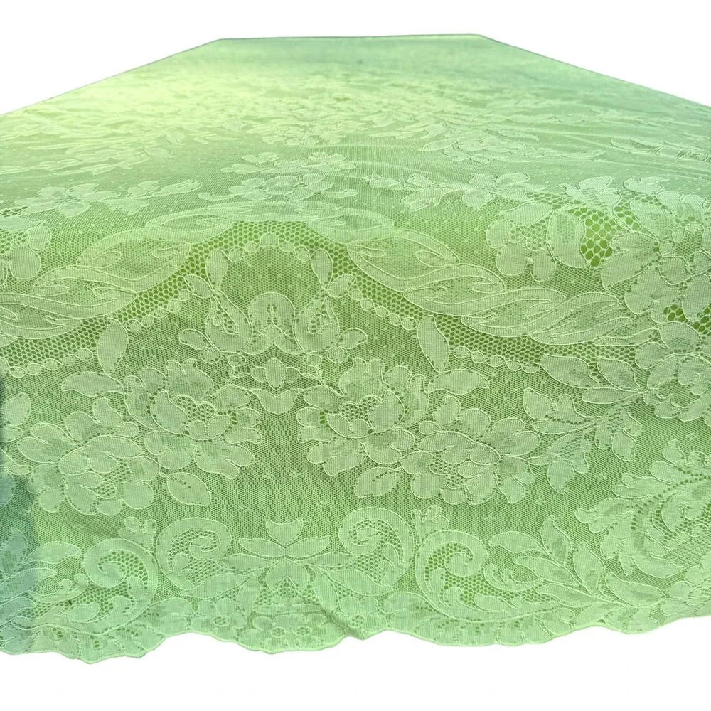 Vintage Plastic Sage Green Lace Floral Tablecloth Scalloped Rectangular 57